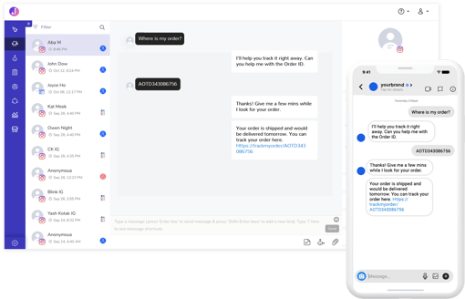 Customer interactions A customer contacting support on their phone, support responding from chat hub with many active conversations