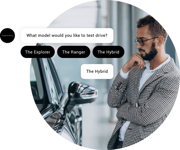 Conversation about car buying Image of a customer asking questions over chat about a car they are interested in test driving with chat bubbles