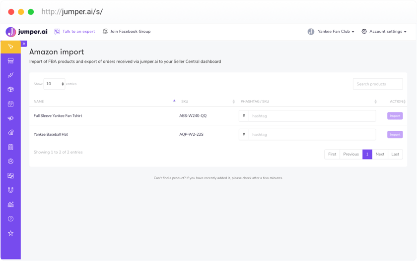 Amazon Import Dashboard Screenshot of Jumper dashboard with Amazon import details