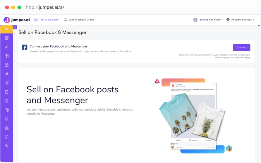Amazon to Facebook Messenger dashboard Screenshot of Jumper dashboard with Facebook messenger connection details