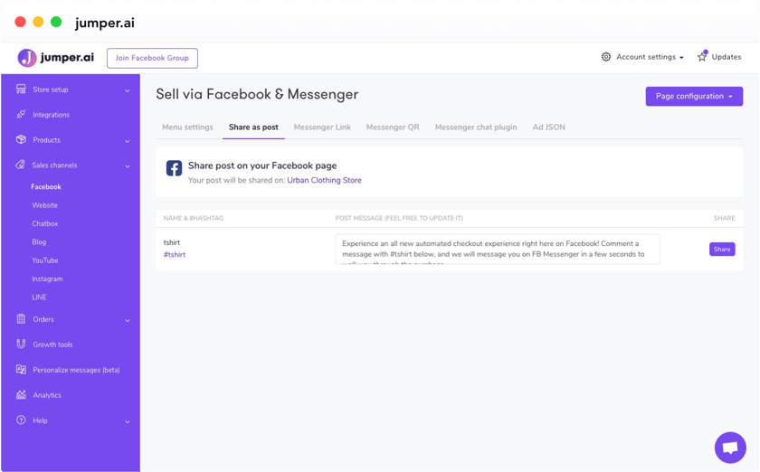Share post on Facebook dashboard Screenshot of Jumper dashboard with Share Facebook post details