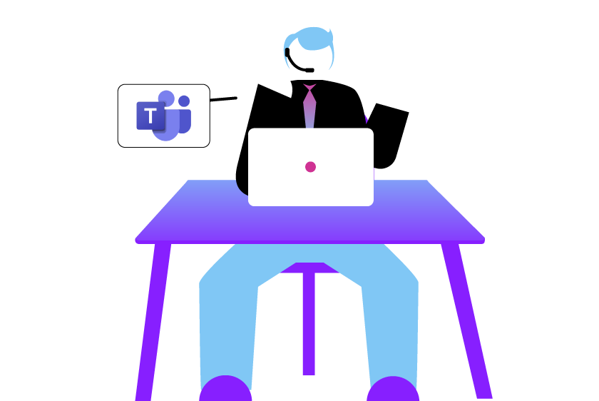 Contact-Center-Teams_840.png Illustration of contact center agent serving customers and collaborating with co-workers with Microsoft Teams