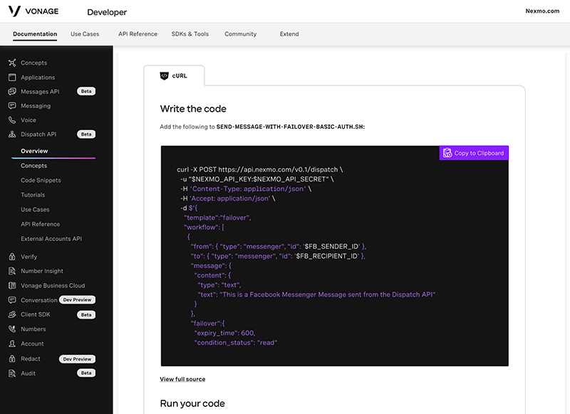 API Developer Center Code View Screen grab of the API Developer Center showing code that can be copied for use.