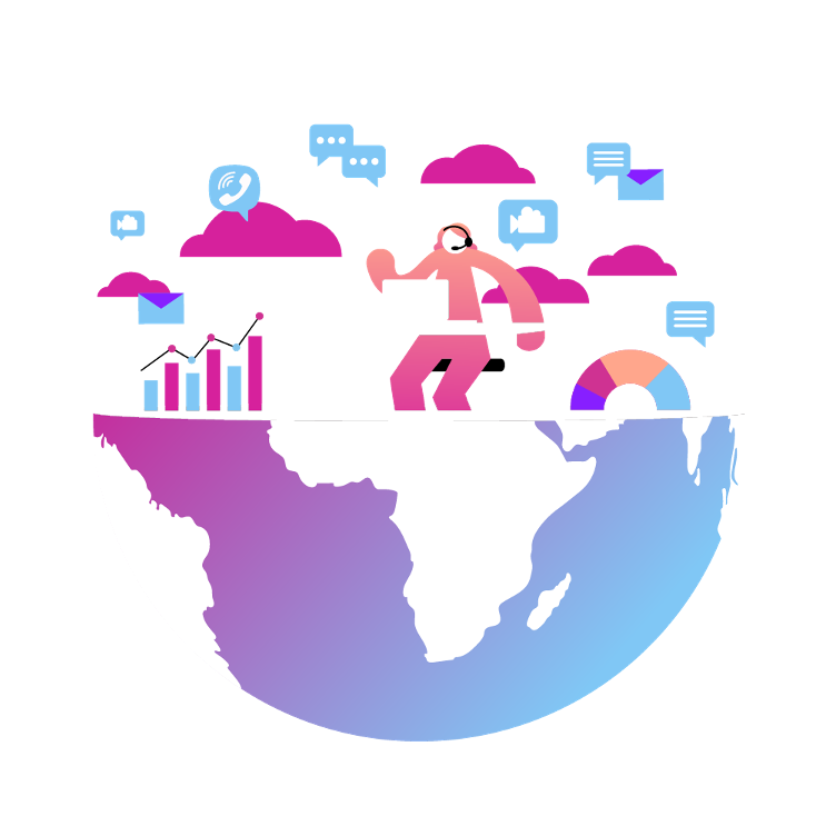 CC globe illustration of a contact center agent on globe